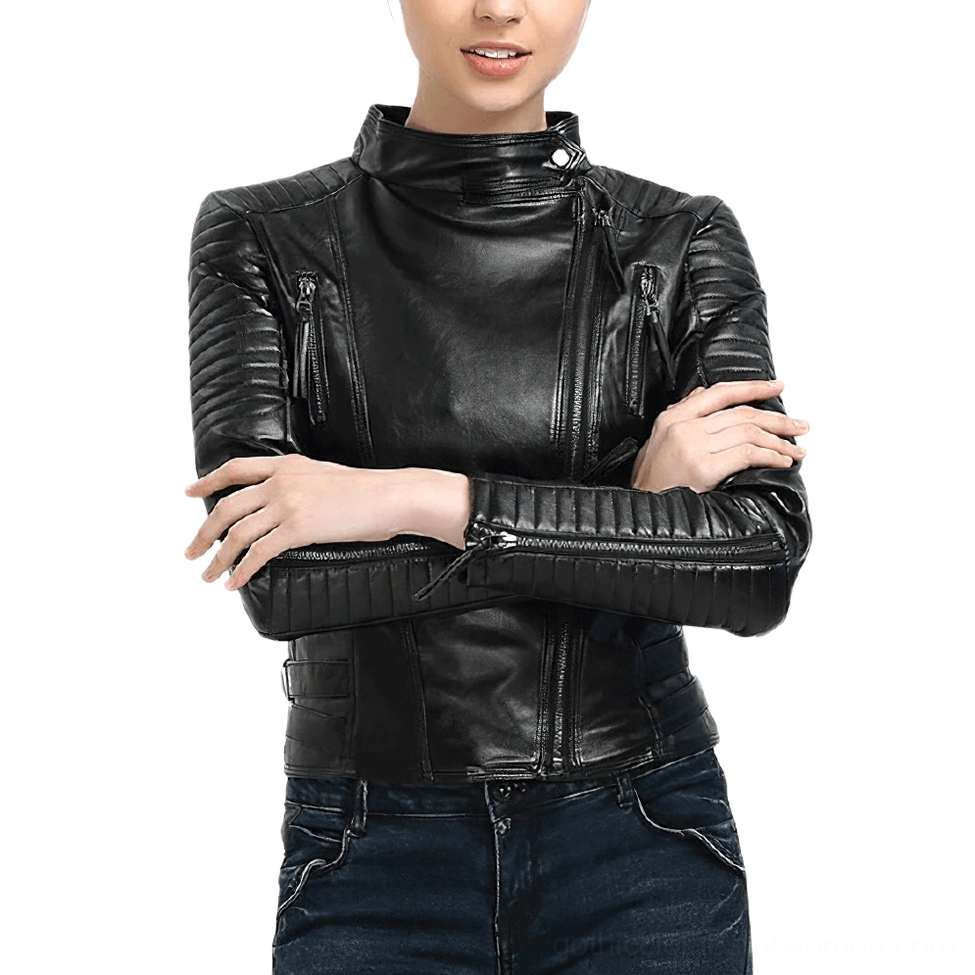Women's black genuine leather gothic biker jacket three-quarter view showing overall silhouette