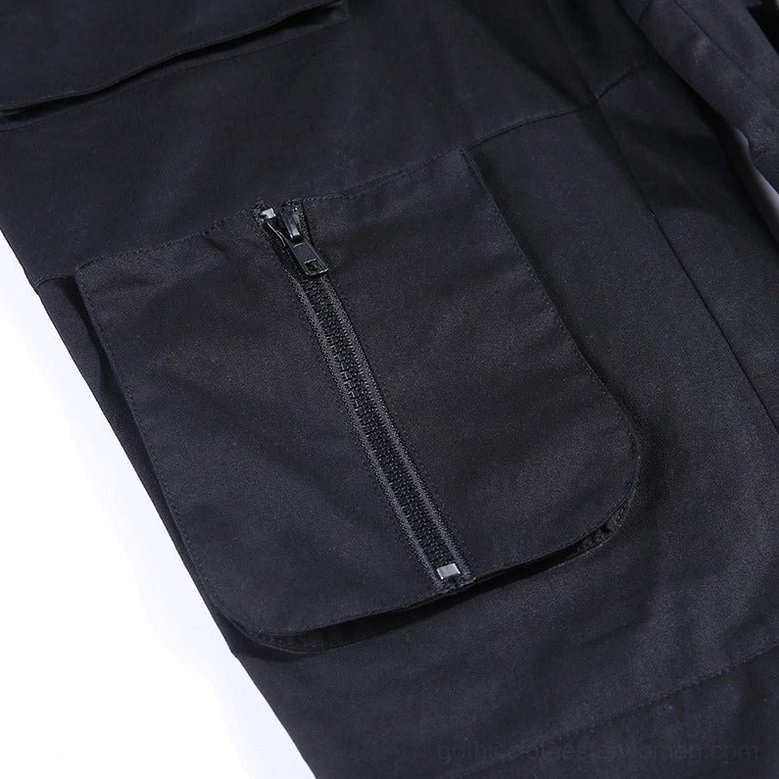 Black gothic cargo pants for women - alternative fashion pleated trousers with utility pockets and high waist