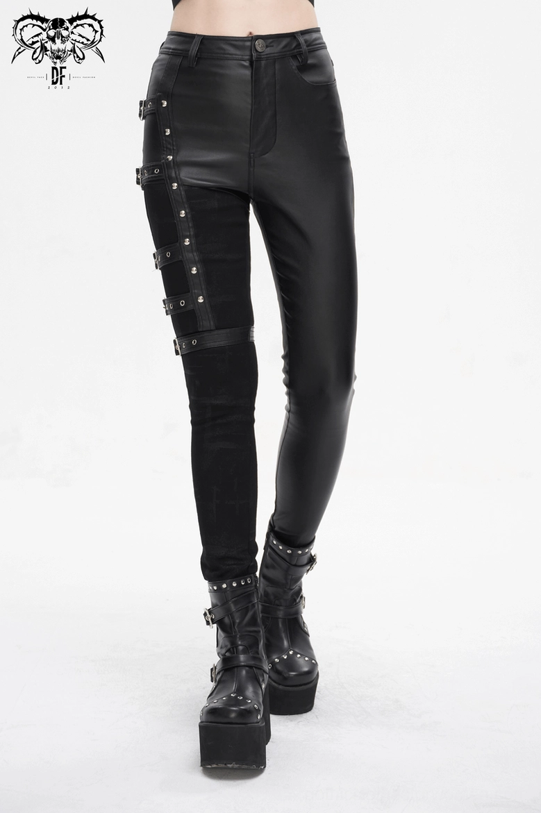 Women's black gothic pants with multiple buckle straps, alternative fashion statement piece