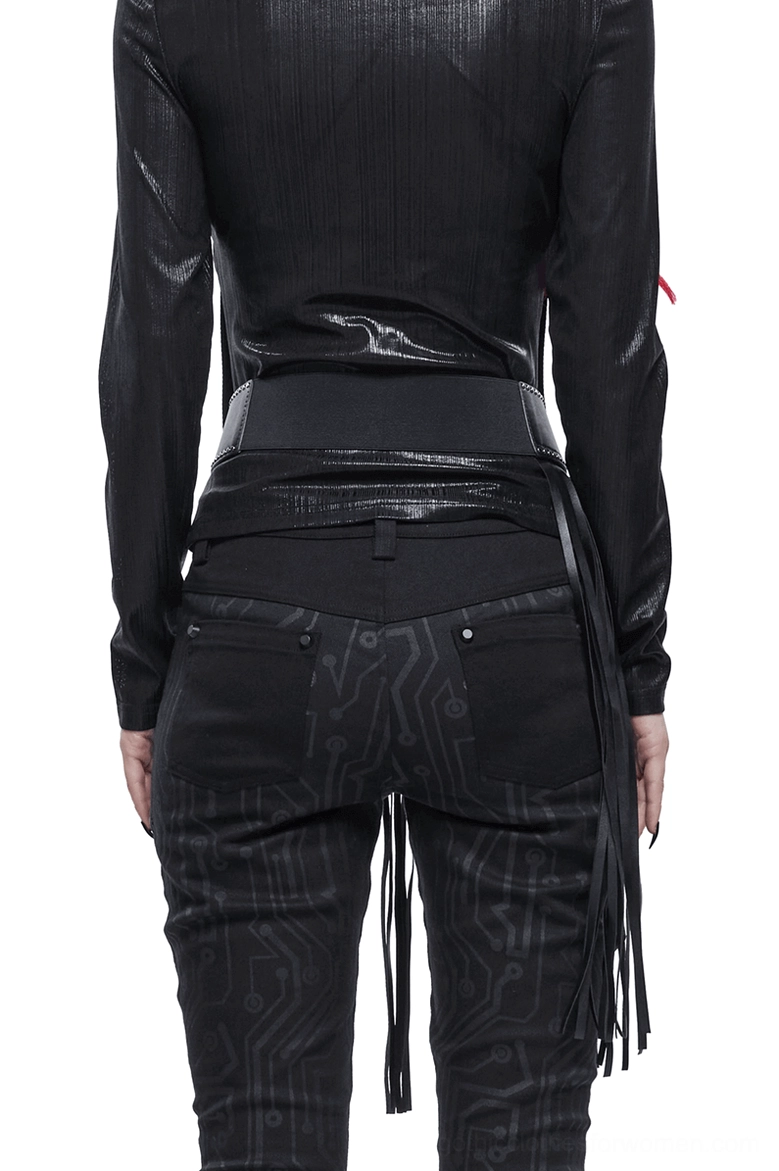 Black gothic corset belt rear view on model showcasing elastic back panel and hanging tassel details from behind