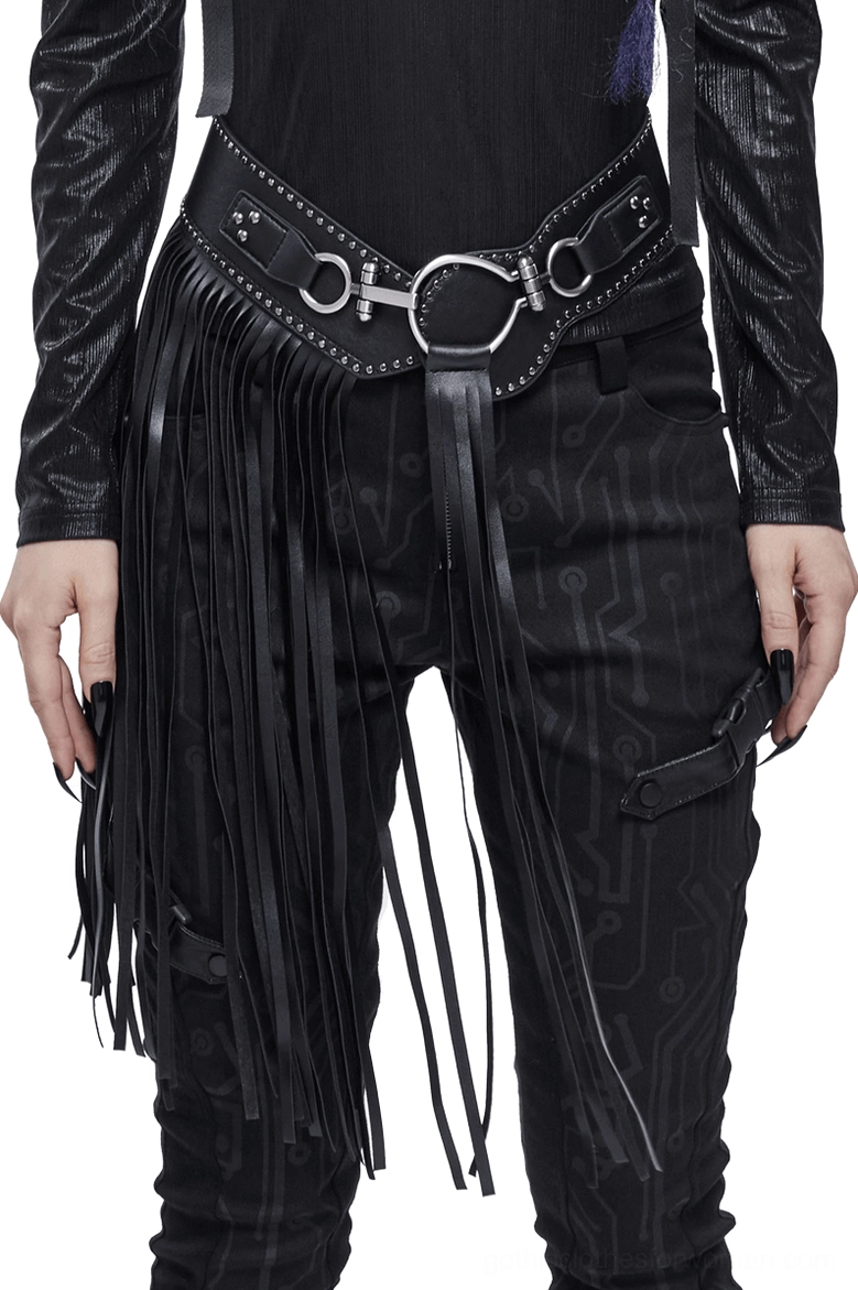 Women's gothic tassel leather belt front three-quarter view on model wearing black alternative fashion outfit with metal O-ring buckles and long side fringe