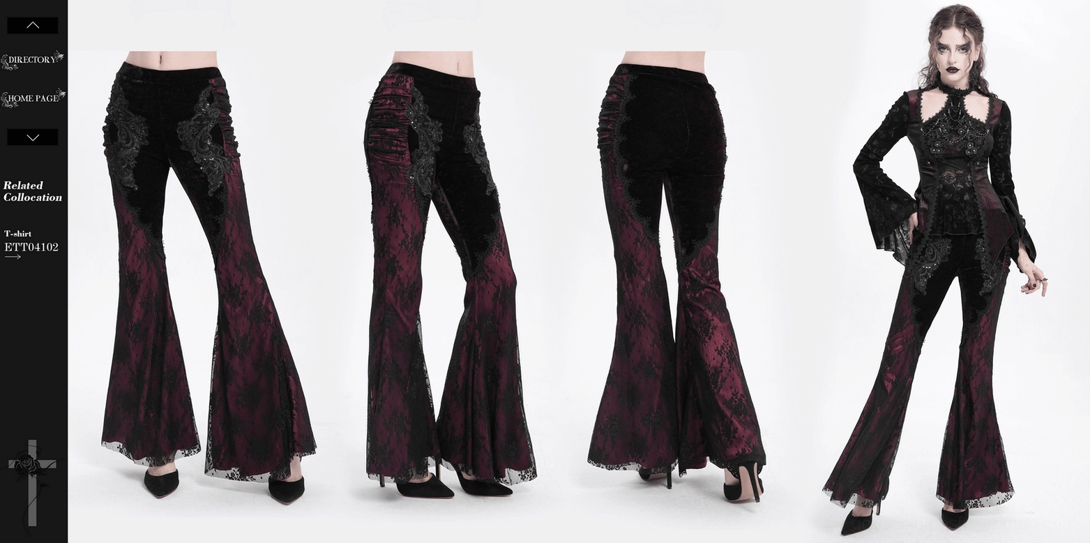 Full-length view of women's black velvet gothic flare pants with wine-red lace hem demonstrating dramatic silhouette and alternative fashion statement