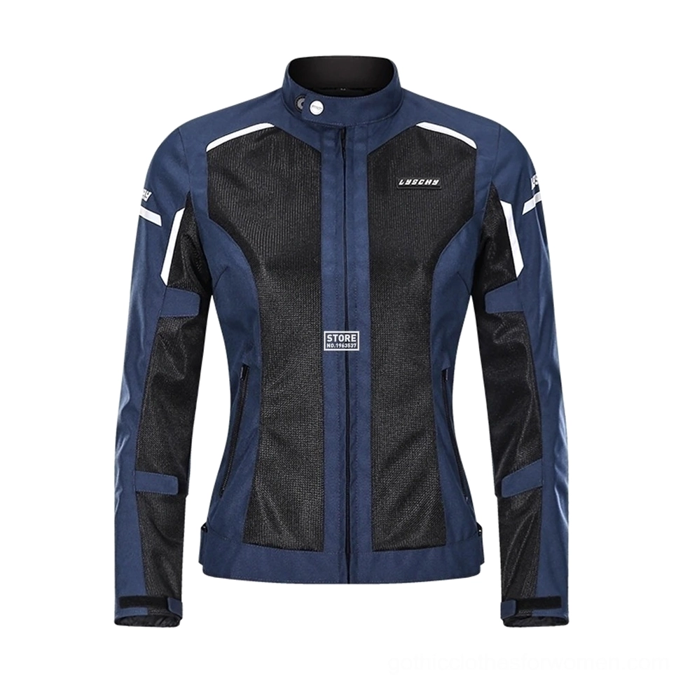 Navy blue gothic motorcycle jacket with black mesh and white reflective trims, front flat display