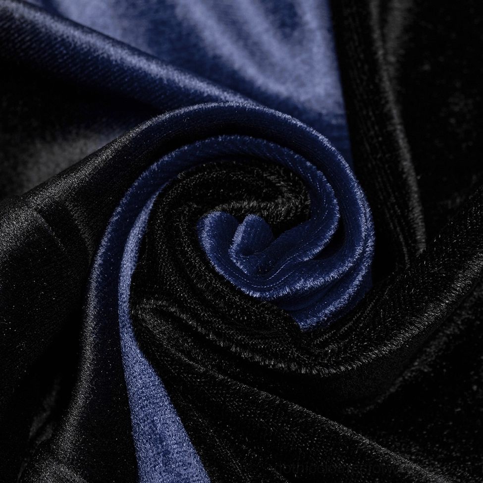 Full-length front view of women's navy velvet gothic flare pants with black side panel inserts and ruched detail