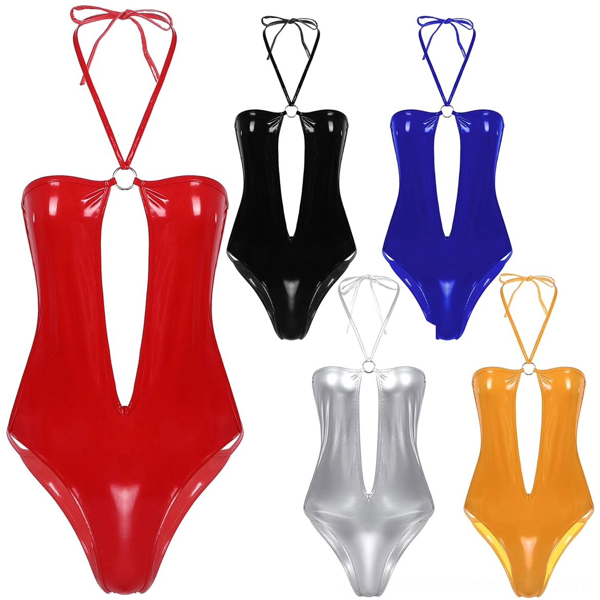 Women's patent leather bodysuit halter style, hollow front design, alternative fashion