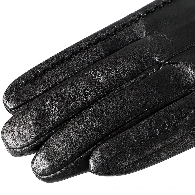 Women's sheepskin leather long gloves product shot, elbow-length gothic style in rich dark tones
