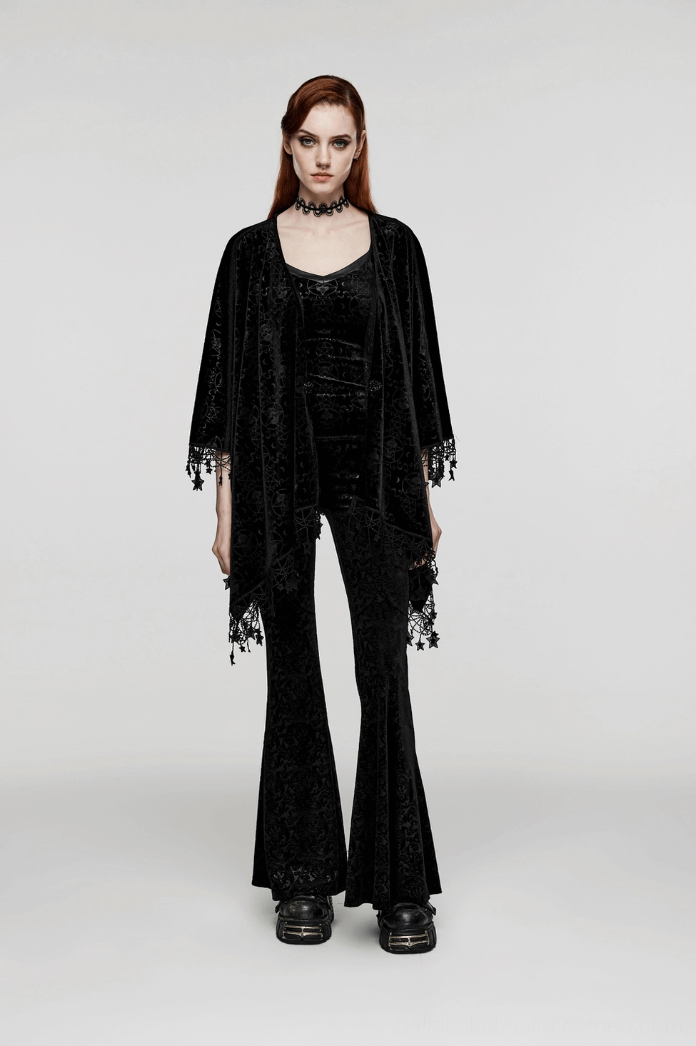 Women's velvet occult cape with embossed patterns, flexible tassels, and pentagram buckle closure