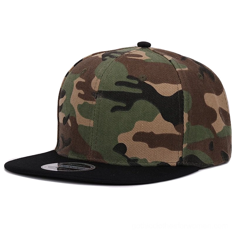 Woodland camo snapback baseball cap right side view with black visor military aesthetic