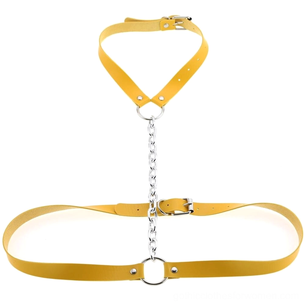 Yellow faux leather gothic body harness with metal O-ring accents and adjustable buckles