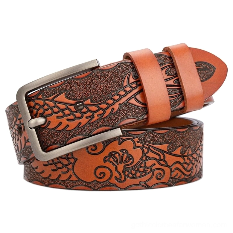 Yellow-brown gothic embossed leather belt with warm earth-tone leather and ornate floral carving detail