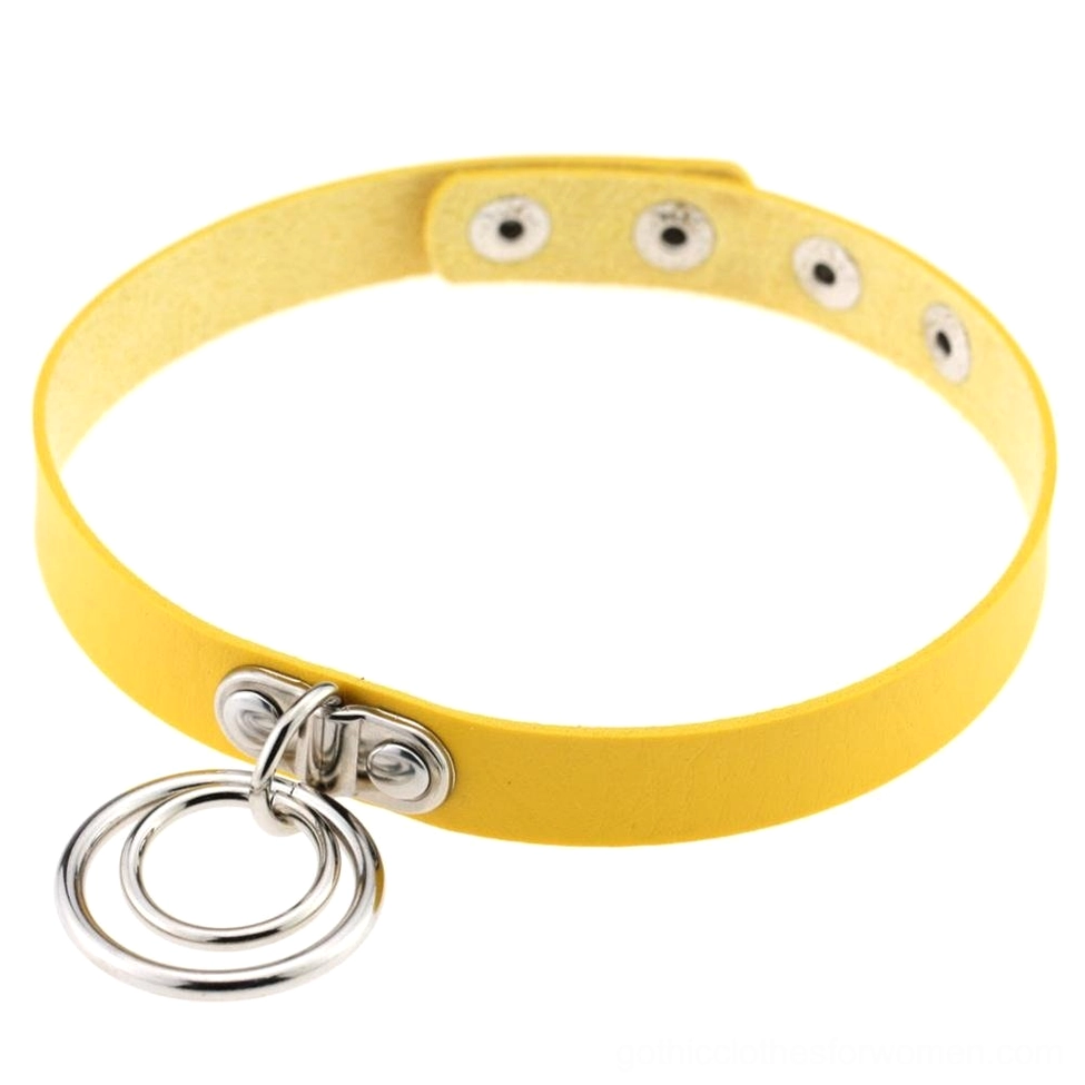 Yellow PU leather gothic choker necklace with metal ring accents and snap fasteners