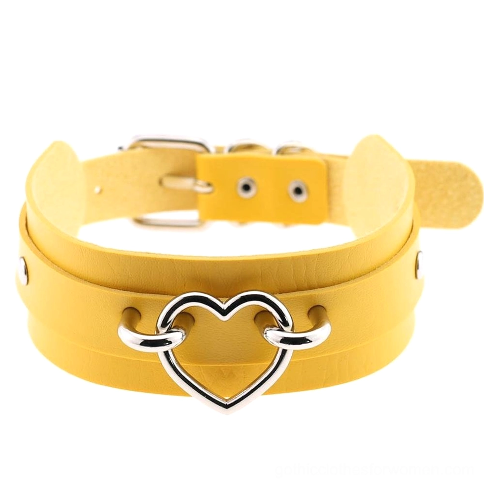 Yellow gothic heart choker with vibrant color and silver heart metal ornament detail