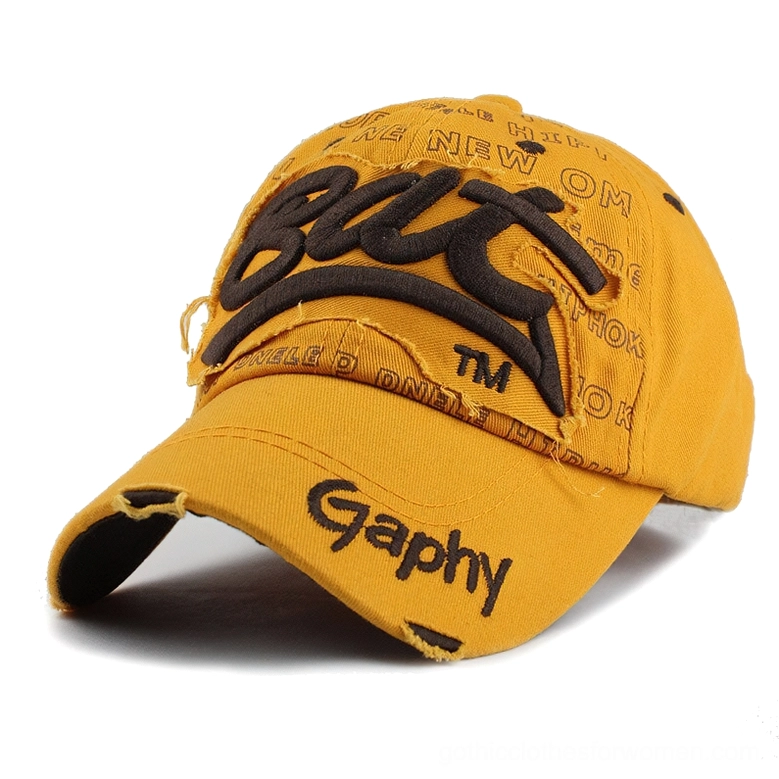 Yellow distressed gothic snapback cap with dark brown 3D letter embroidery