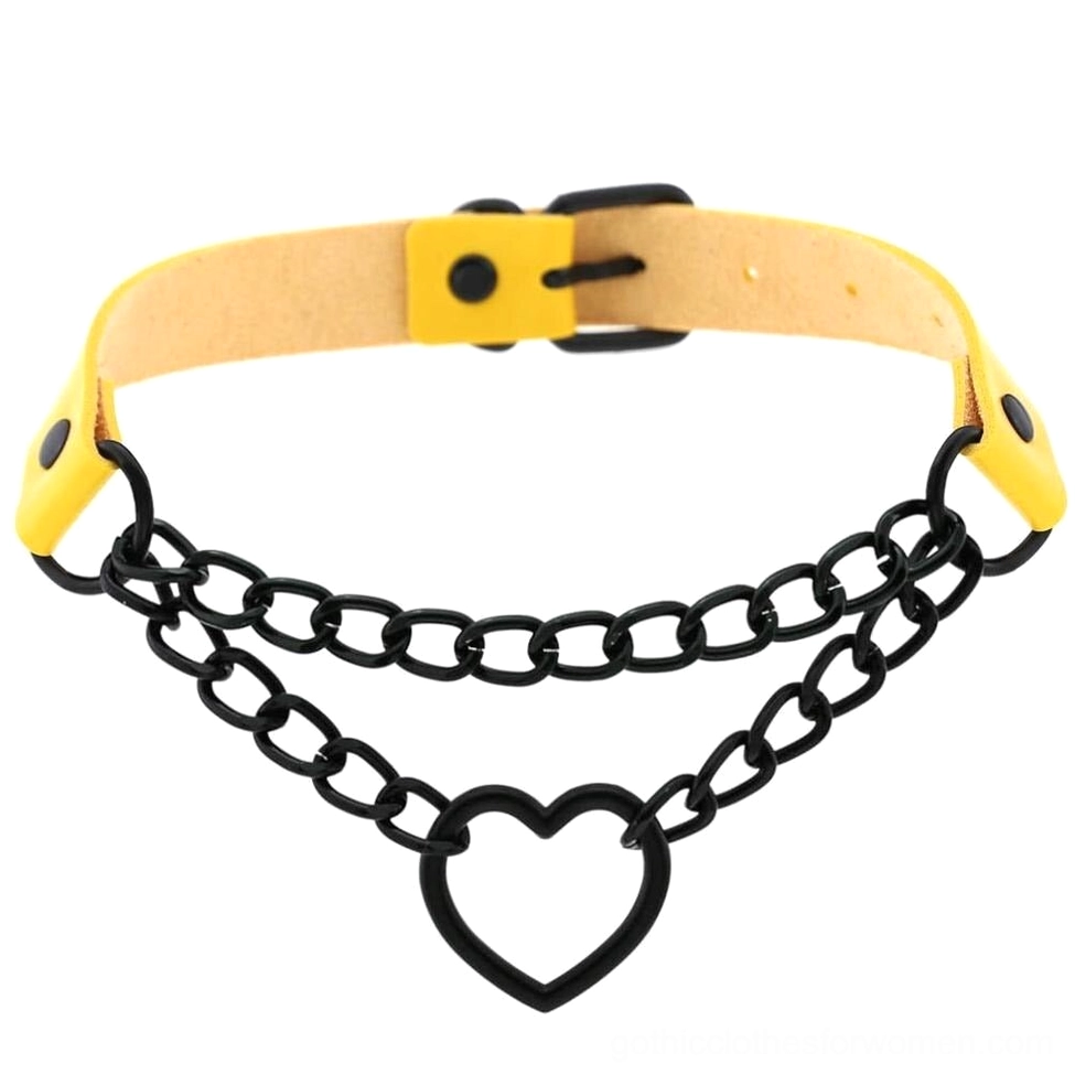 Yellow PU leather heart choker featuring matte black chains and adjustable buckle closure