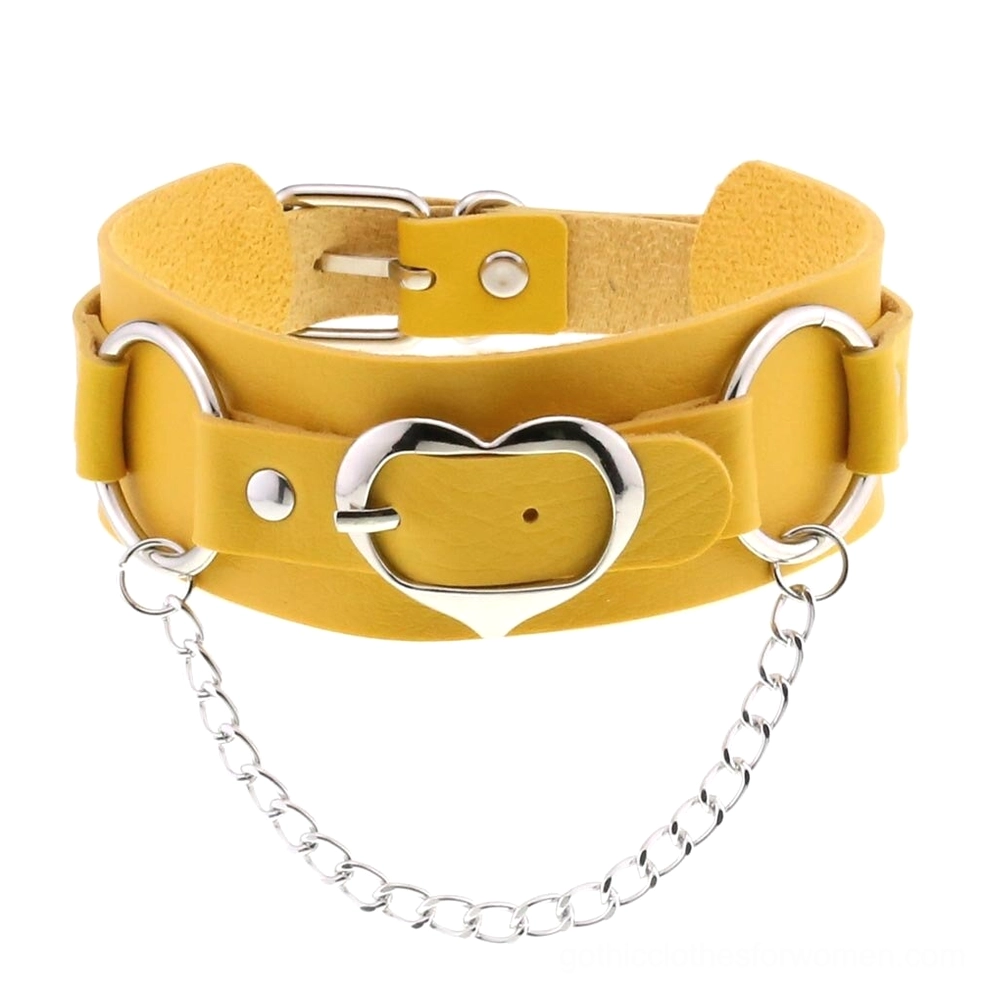 Yellow PU leather heart choker with silver metal chain and adjustable heart-shaped pendant