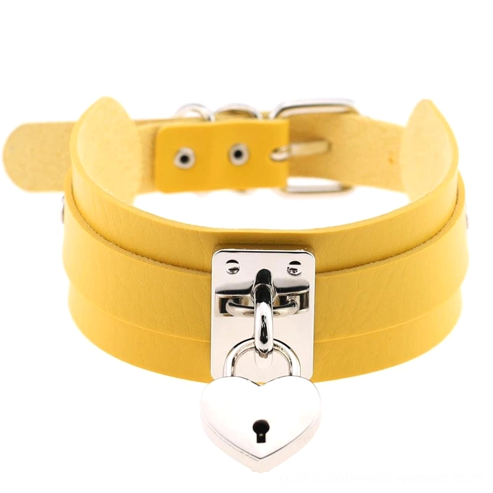 Silver yellow gothic leather heart lock choker necklace with metal lock - warm neutral variant