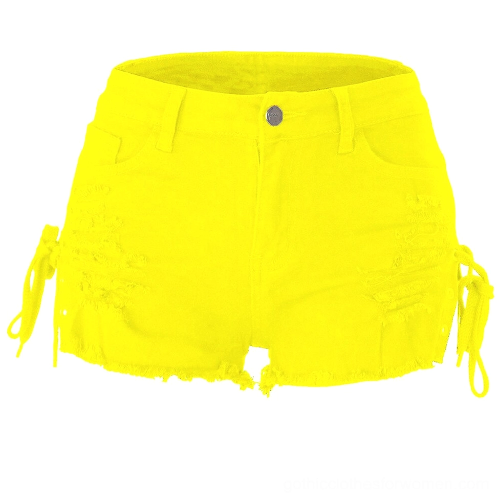 Yellow lace-up mini denim shorts with distressed frayed hem and side lacing design