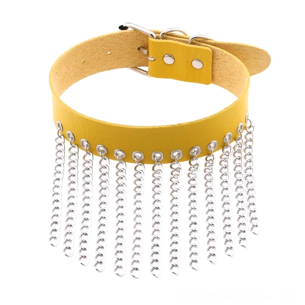 Yellow leather choker bold alternative style with silver chain tassels gothic necklace