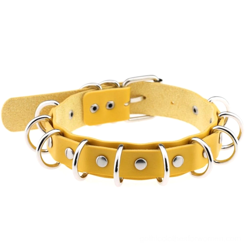 Yellow PU leather gothic choker with decorative metal studs and adjustable closure