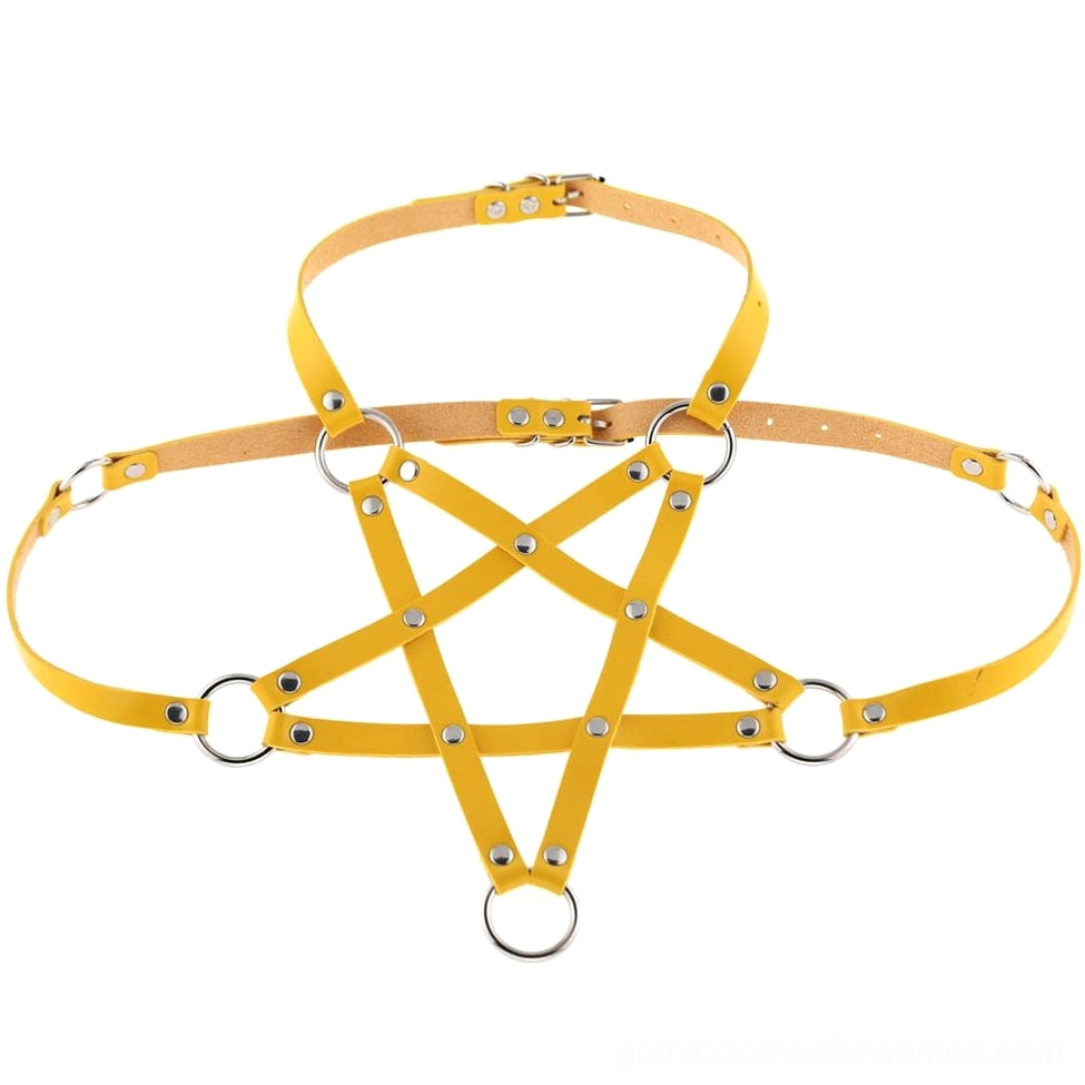 Yellow PU leather pentagram body harness bold statement piece with metal rivets and geometric strap pattern