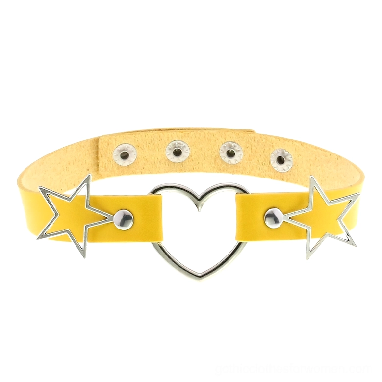 Yellow PU leather heart and star choker necklace with silver metal accents and adjustable snap fasteners, gothic style accessory
