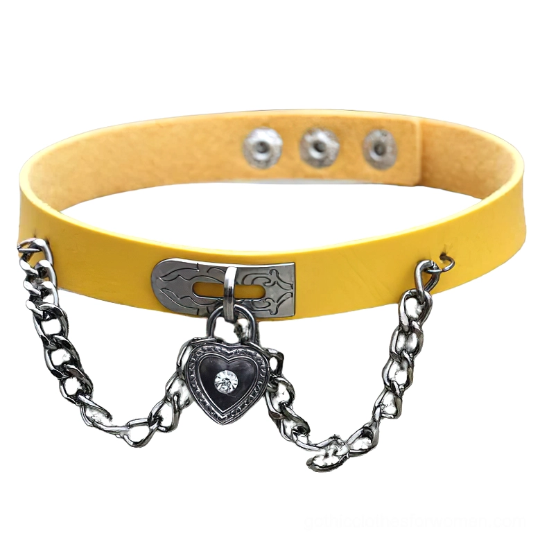 Yellow PU leather gothic choker necklace with heart-shaped lock pendant and silver chain - detail shot