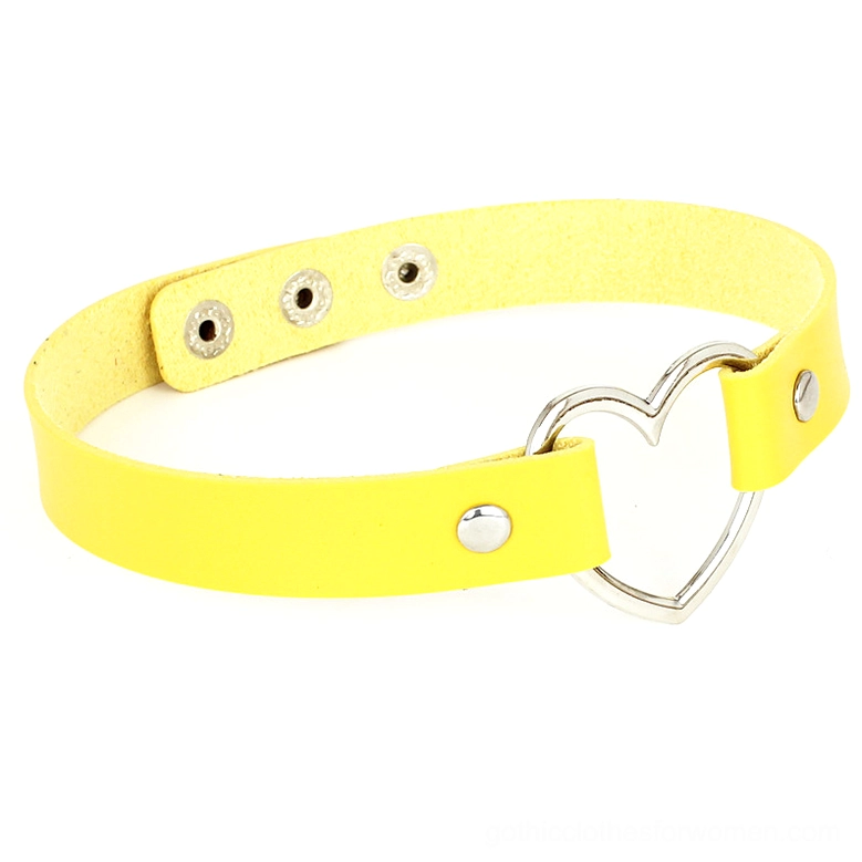 Yellow PU leather heart choker necklace with zinc alloy heart detail on white background