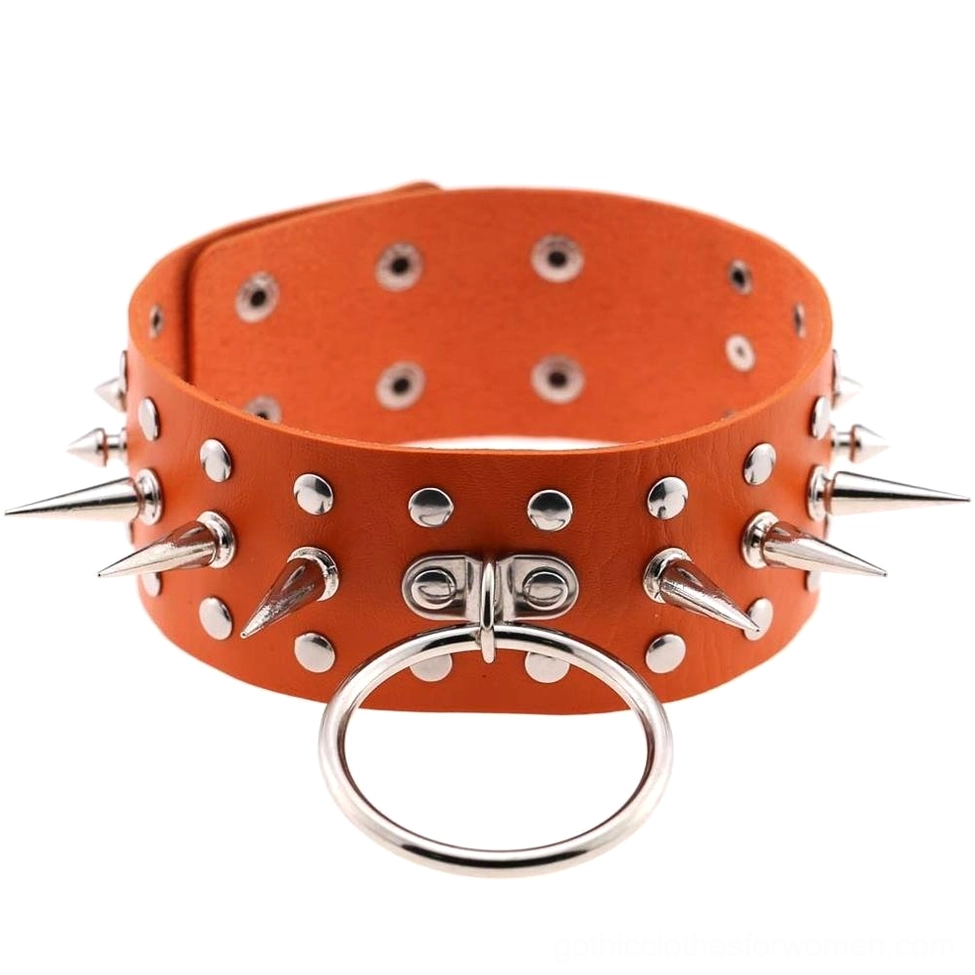 Yellow bright PU leather spiked choker necklace with silver metal studs statement goth jewelry