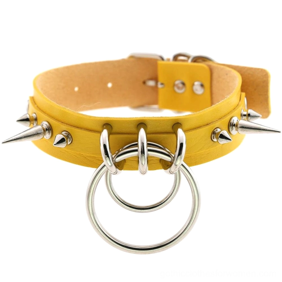 Yellow spiked leather gothic choker with double O-rings, silver metal spike studs, and adjustable buckle system
