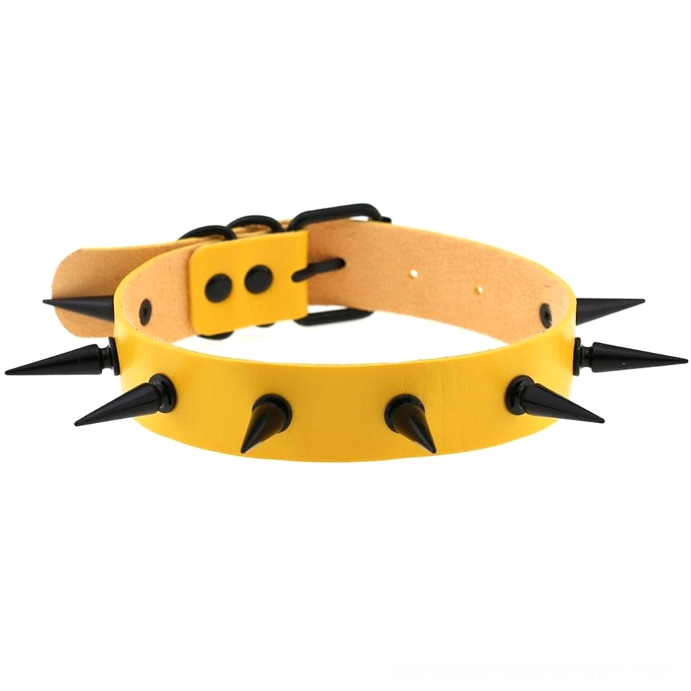 Yellow spiked choker collar with black iron studs and adjustable fit for bold gothic expression