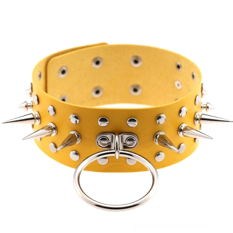 Yellow spiked choker necklace with bright PU leather and metal studs bold gothic statement piece