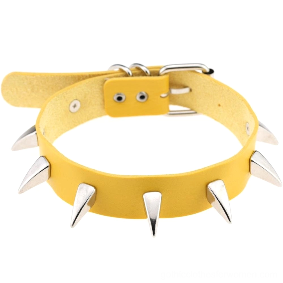Yellow spiked leather gothic choker with vibrant color and silver cone rivets for punk alt-fashion
