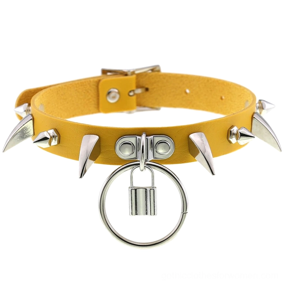 Yellow spiked gothic choker with silver hardware lock pendant adjustable closure