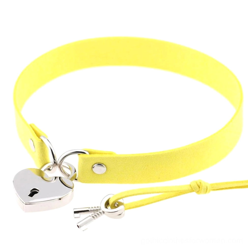 Yellow suede heart lock choker with silver padlock - vibrant gothic alternative jewelry