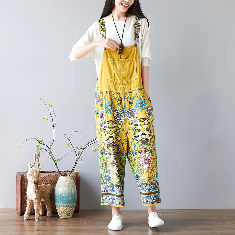Yellow vintage floral wide-leg gothic pants front view with front chest pocket and bohemian aesthetic