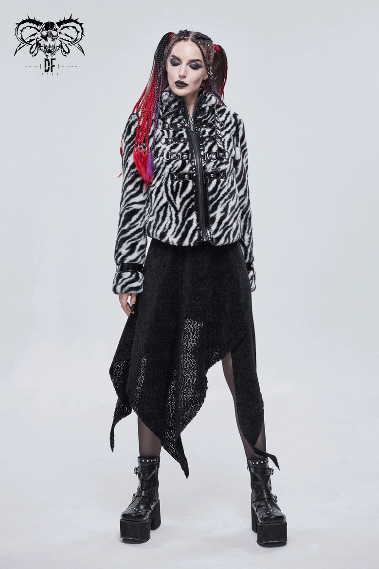 Zebra print faux fur gothic jacket worn styling detail with alternative fashion accessories and monochromatic theme