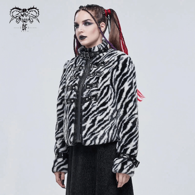 Decorative buckle hardware and stand collar accent on zebra stripe gothic faux fur jacket detail shot