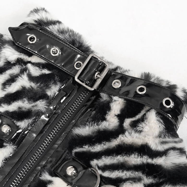 Detailed close-up of zebra stripe gothic jacket collar and metal front zipper hardware with decorative buckle accent