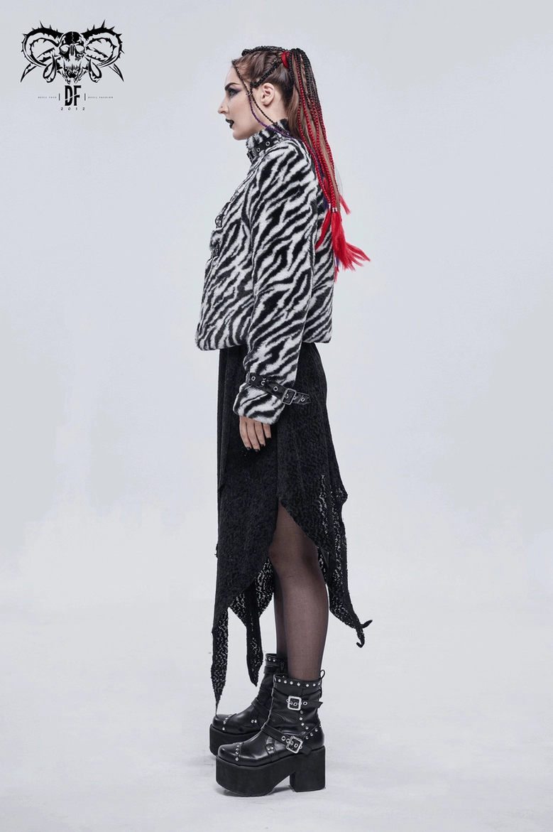 Complete front and collar view of zebra stripe gothic faux fur jacket highlighting all decorative buckle accents and stand collar