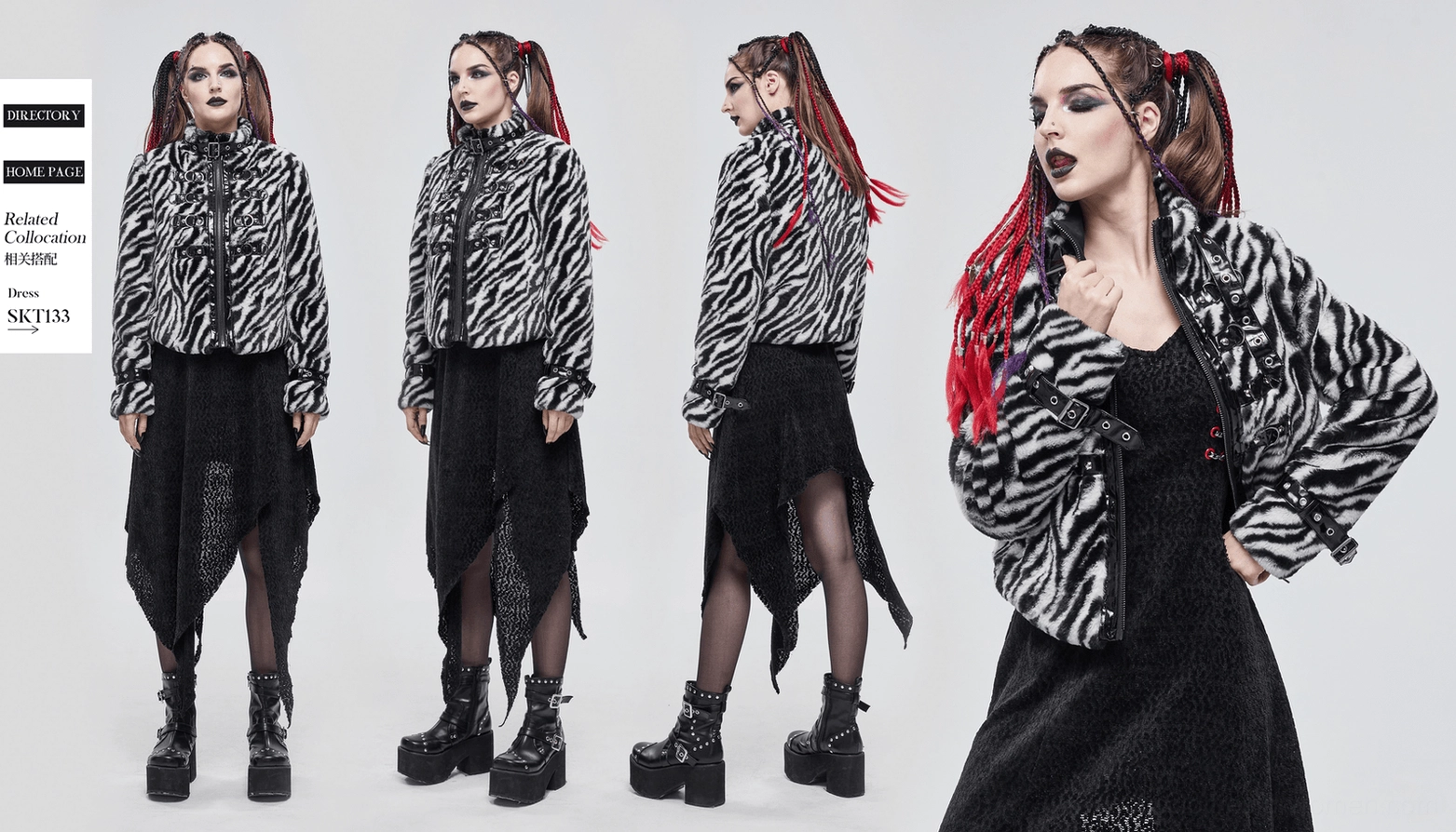 Cropped length and side profile of zebra stripe gothic faux fur jacket showing proportions and overall structure