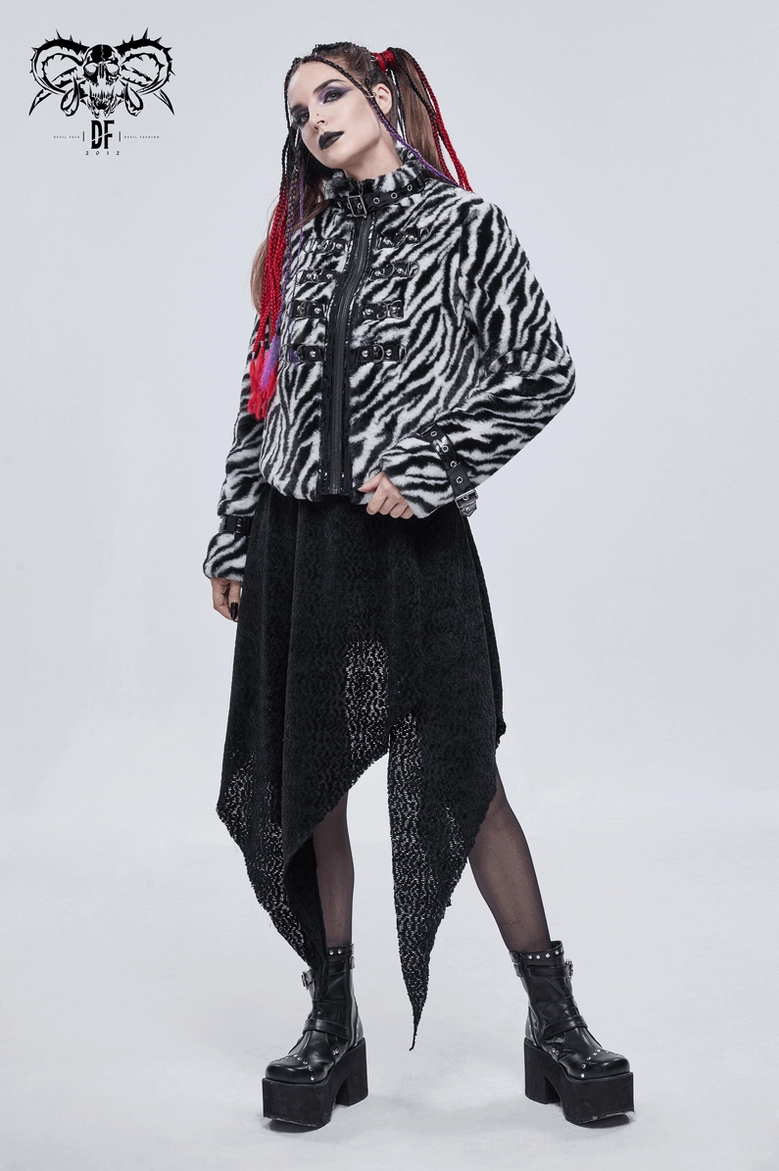 Front closure and zipper system detail of zebra stripe gothic faux fur jacket with metal hardware showcase