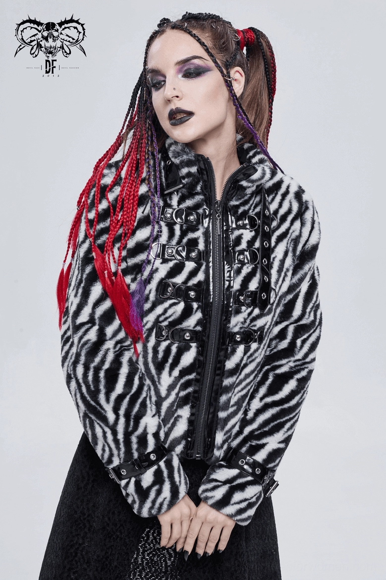 Full length styling view of zebra stripe gothic faux fur jacket showcasing cropped silhouette and overall aesthetic