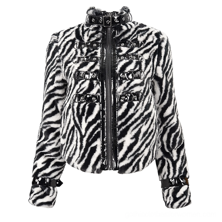 Zebra pattern short faux fur gothic jacket flat lay front view, highlighting stand collar buckle and multiple decorative hardware accents