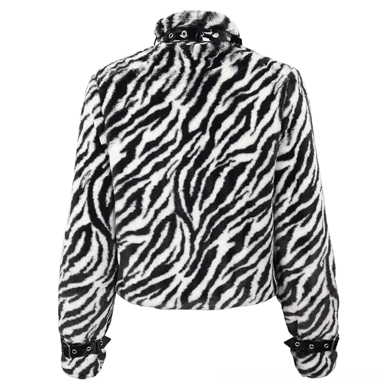 Zebra print gothic jacket rear flat lay view displaying full back design with collar buckle and wrist hardware accents