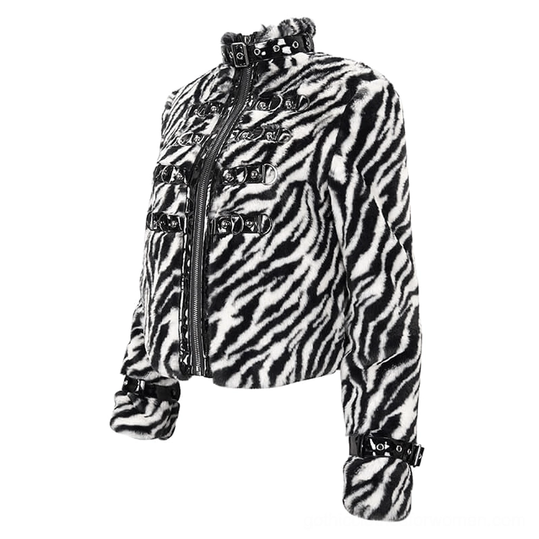 Cropped zebra stripe faux fur jacket three-quarter front view showing cuff buckle straps and long sleeve construction detail